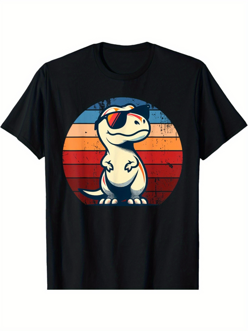 Men's Graphic T-Shirt Retro Sunset Circle With Cool Dinosaur Standing Boldly Dinosaur