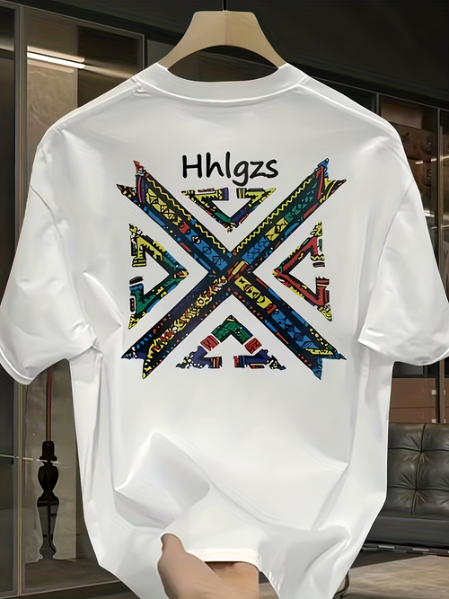 Men's Graphic T-Shirt Geometric Pattern With Colorful Zigzag Lines Overlaying White Shirt