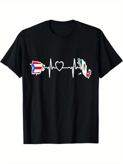 Men's Graphic T-Shirt Heartbeat Line Between Colorful Puerto Rico And Mexico Map