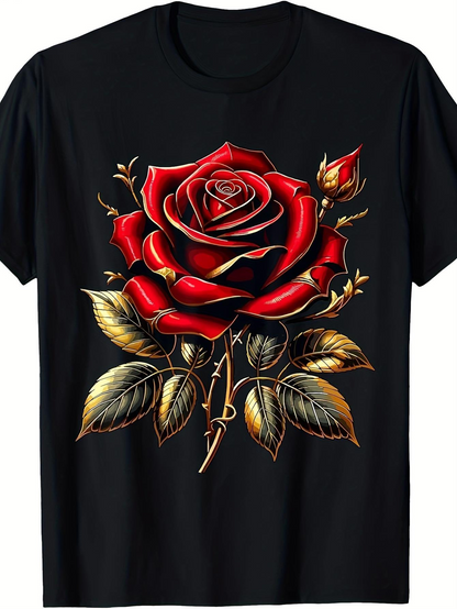 Men's Graphic T-Shirt Golden Leaves With Vivid Red Blooming Rose Artwork Rose