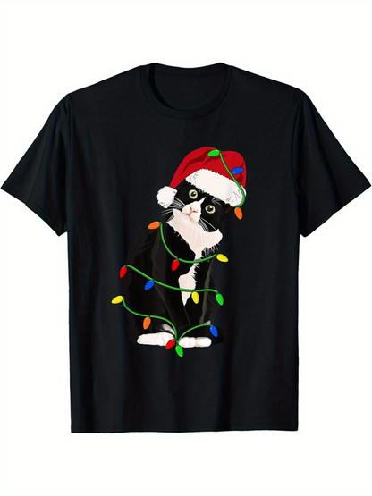 Men's Graphic T-Shirt Christmas Lights With Playful Cat In Santa Hat
