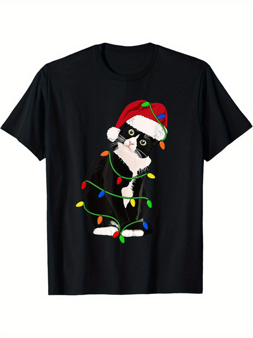 Men's Graphic T-Shirt Christmas Lights With Playful Cat In Santa Hat