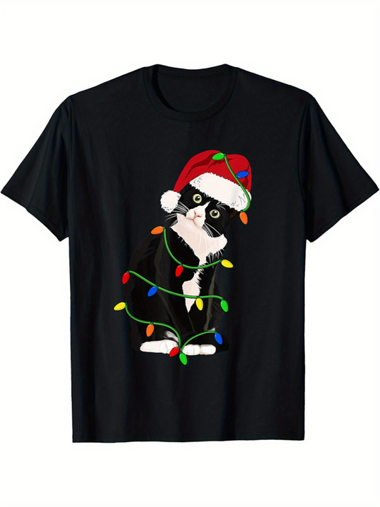 Men's Graphic T-Shirt Christmas Lights With Playful Cat In Santa Hat