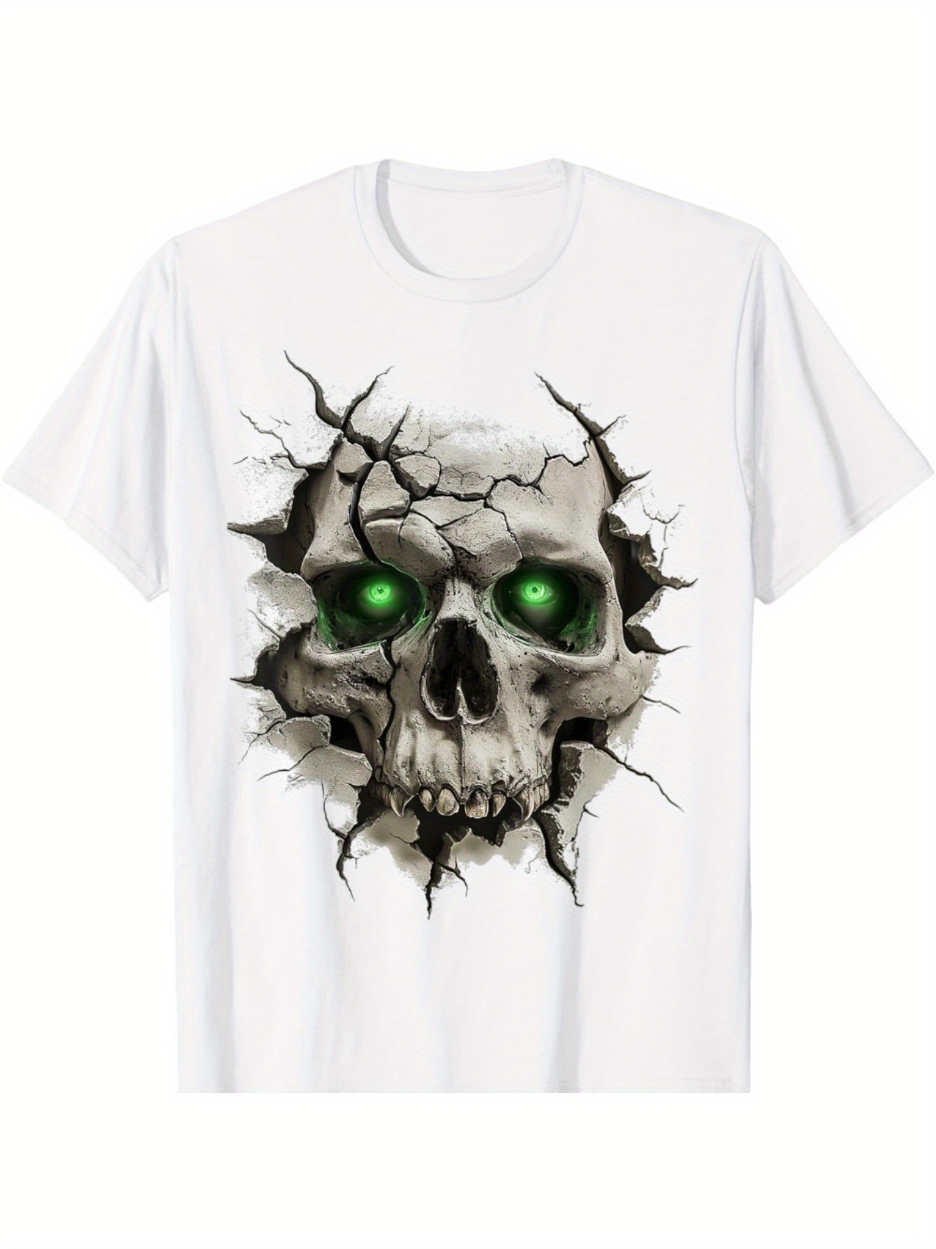 Men's Graphic T-Shirt Cracked Wall With Glowing Green Eyes Haunted Skull