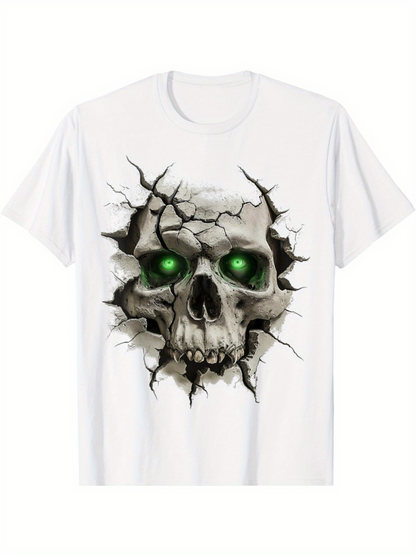 Men's Graphic T-Shirt Cracked Wall With Glowing Green Eyes Haunted Skull