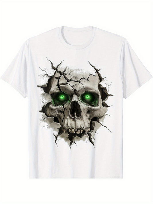 Men's Graphic T-Shirt Cracked Wall With Glowing Green Eyes Haunted Skull