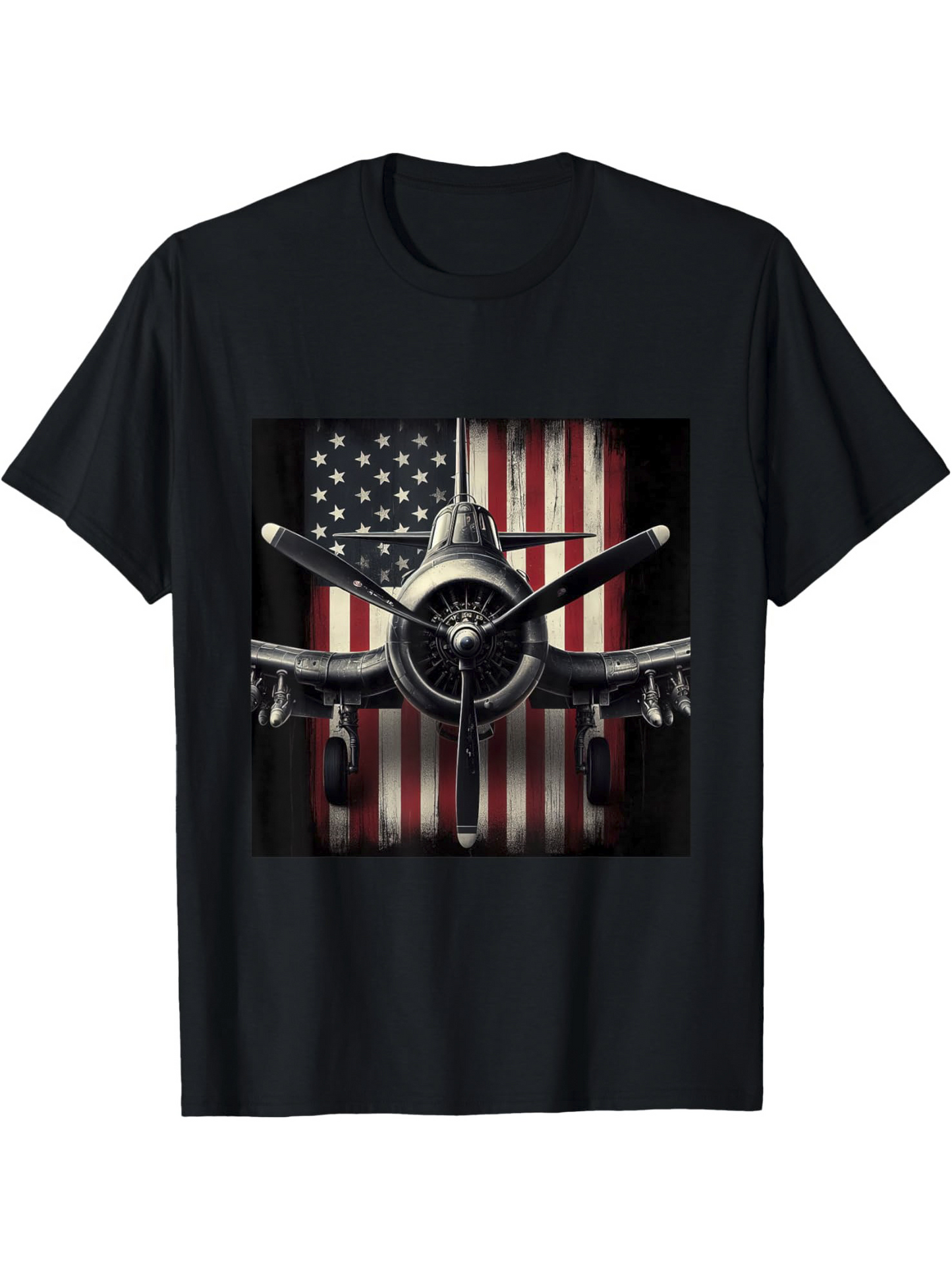 Men's Graphic T-Shirt Nostalgic Warplane Among Bold American Flag Backdrop Airplane