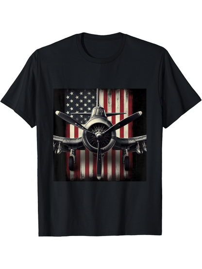 Men's Graphic T-Shirt Nostalgic Warplane Among Bold American Flag Backdrop Airplane