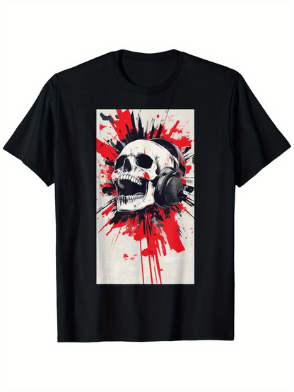 Men's Graphic T-Shirt Edgy Red Paint Splatters Surrounding Grinning Skull Wearing Headphones