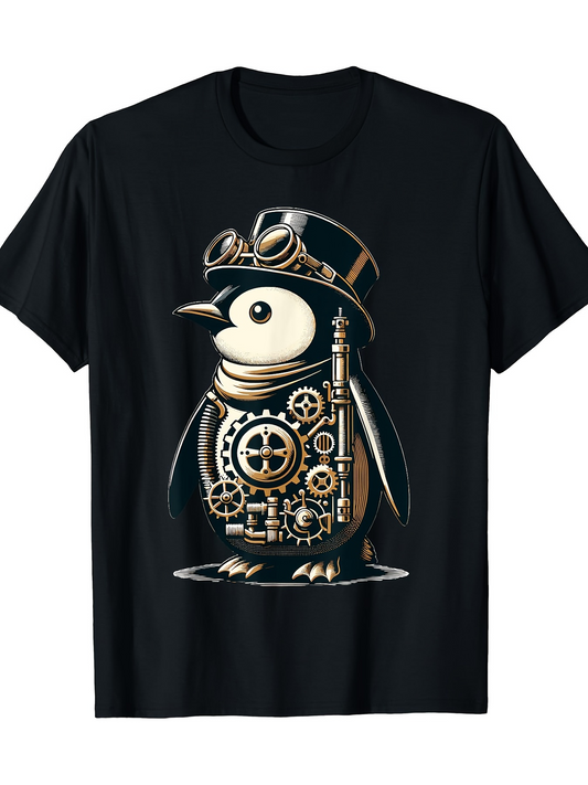 Men's Graphic T-Shirt Vintage Steampunk Gear Elements With Gentleman Penguin In Hat
