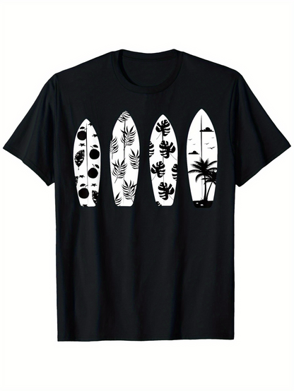 Men's Graphic T-Shirt Tropical Foliage With Palm Trees And Surfboard Under Summer Sunset Surfboard