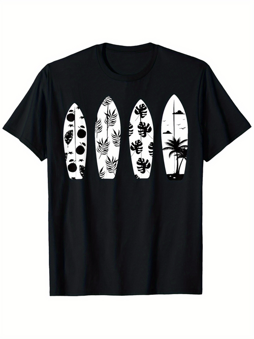 Men's Graphic T-Shirt Tropical Foliage With Palm Trees And Surfboard Under Summer Sunset Surfboard