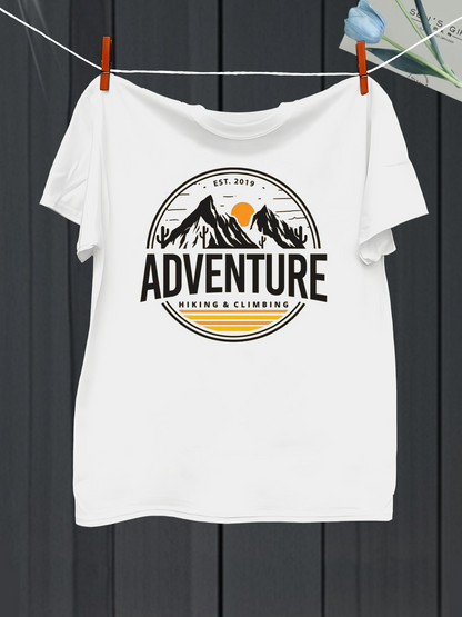 Men's Graphic T-Shirt Adventure Sunrise Over Mountains With Silhouetted Pines And Decorative Circle