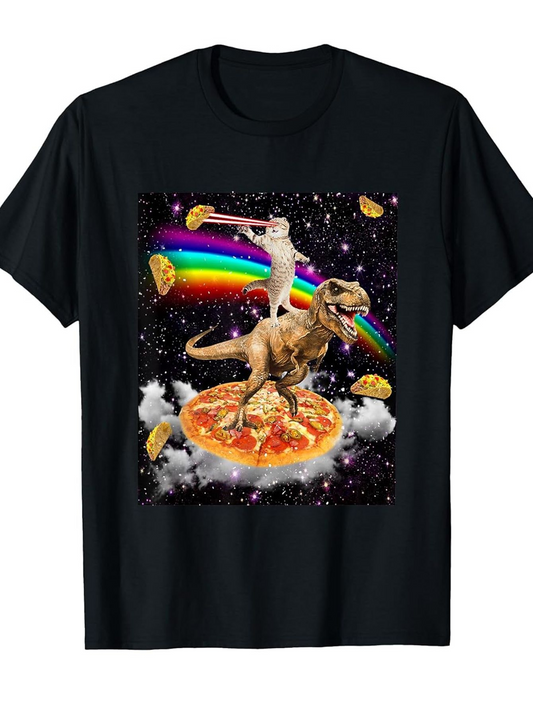Men's Graphic T-Shirt Cosmic Cat With Tacos And Pizza Riding A Dinosaur