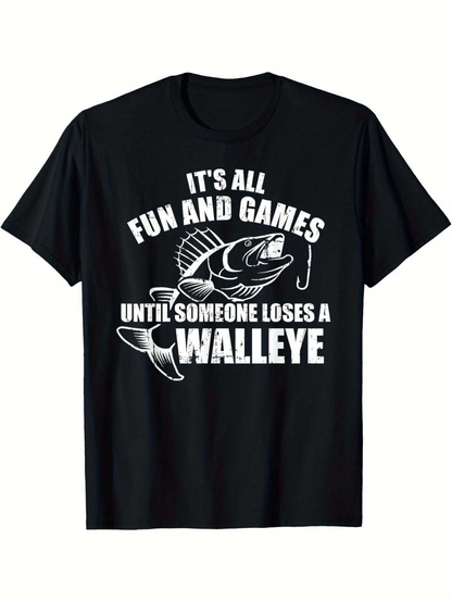 Men's Graphic T-Shirt Its All Fun And Games With Jumping Fish On Black Walleye