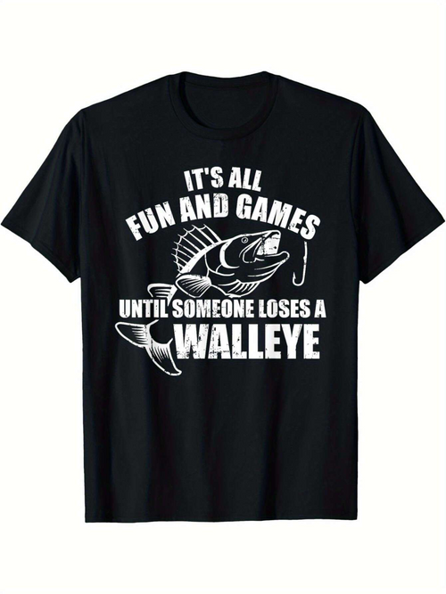 Men's Graphic T-Shirt Its All Fun And Games With Jumping Fish On Black Walleye