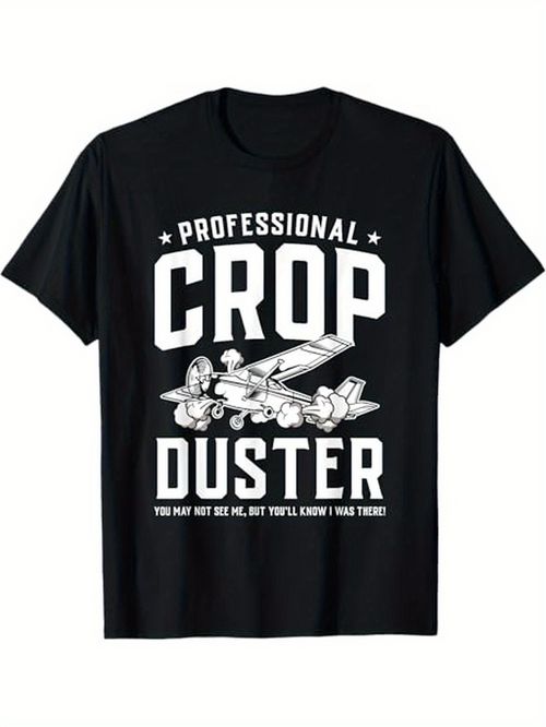 Men's Graphic T-Shirt Professional Crop Duster Cartoon Airplane With Contrails Over Farmland Scene