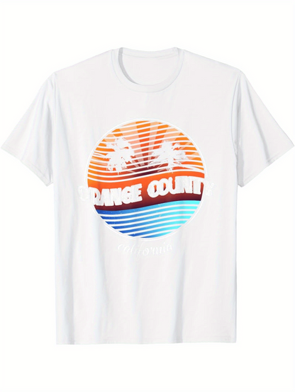 Men's Graphic T-Shirt Orange County Sunset Stripes With Palm Trees And Blue Ocean