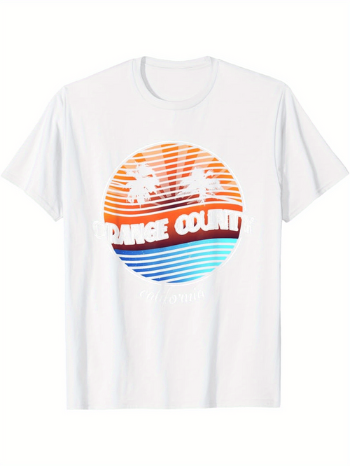 Men's Graphic T-Shirt Orange County Sunset Stripes With Palm Trees And Blue Ocean