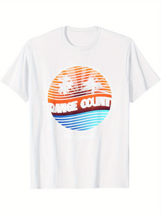 Men's Graphic T-Shirt Orange County Sunset Stripes With Palm Trees And Blue Ocean