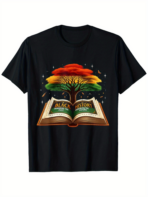 Men's Graphic T-Shirt Black History Book With Rainbow Colored Tree Under Night Sky
