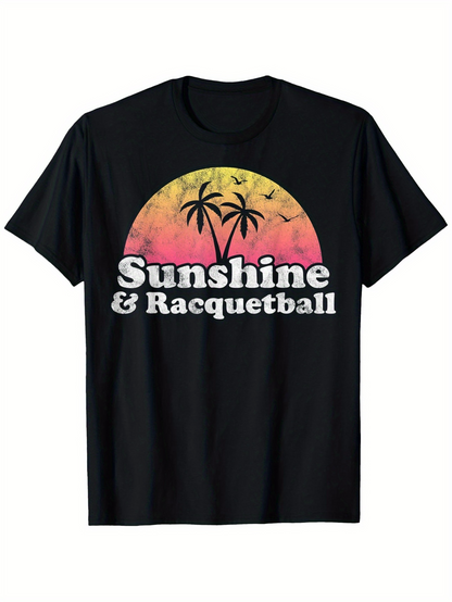 Men's Graphic T-Shirt Sunshine And Racquetball Pink Orange Sunset With Silhouetted Palm Trees