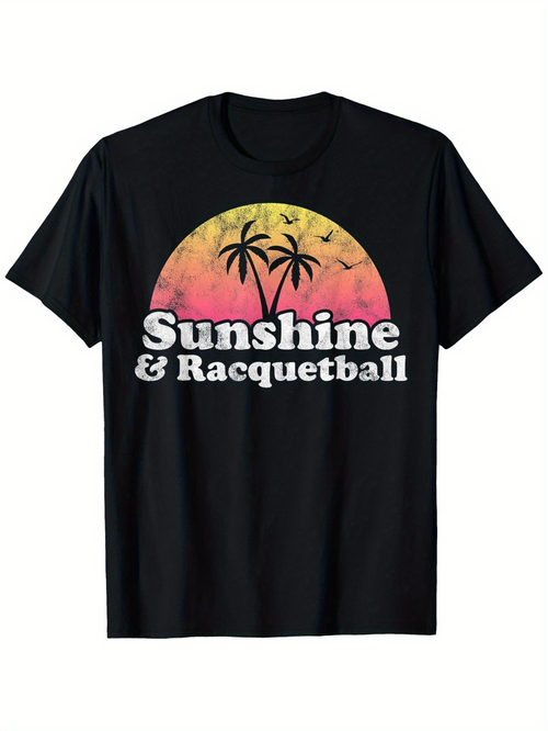 Men's Graphic T-Shirt Sunshine And Racquetball Pink Orange Sunset With Silhouetted Palm Trees