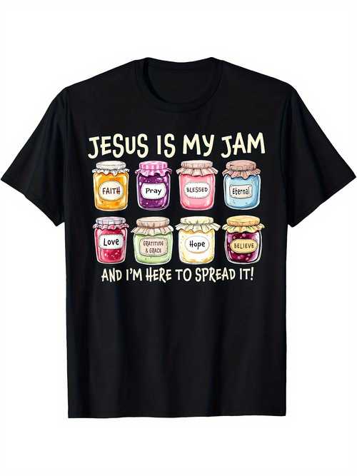 Men's Graphic T-Shirt Jesus Is My Jam Colorful Fruit Jam Jars With Positive Words And Playful Hand Lettering