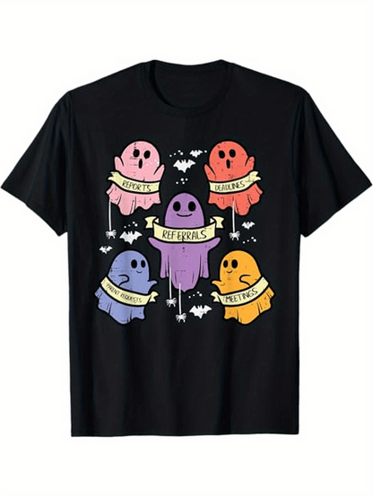 Men's Graphic T-Shirt Cute Colorful Cartoon Ghosts With Bats And Stars Under Night Sky Ghost