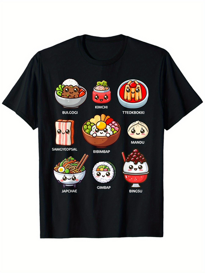 Men's Graphic T-Shirt Adorable Cartoon Food Bowls Featuring Colorful Noodle Soup Smiling Bowls