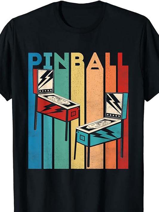 Men's Graphic T-Shirt Retro Rainbow Colors With Lightning Bolts And Vintage Game Pinball Machine