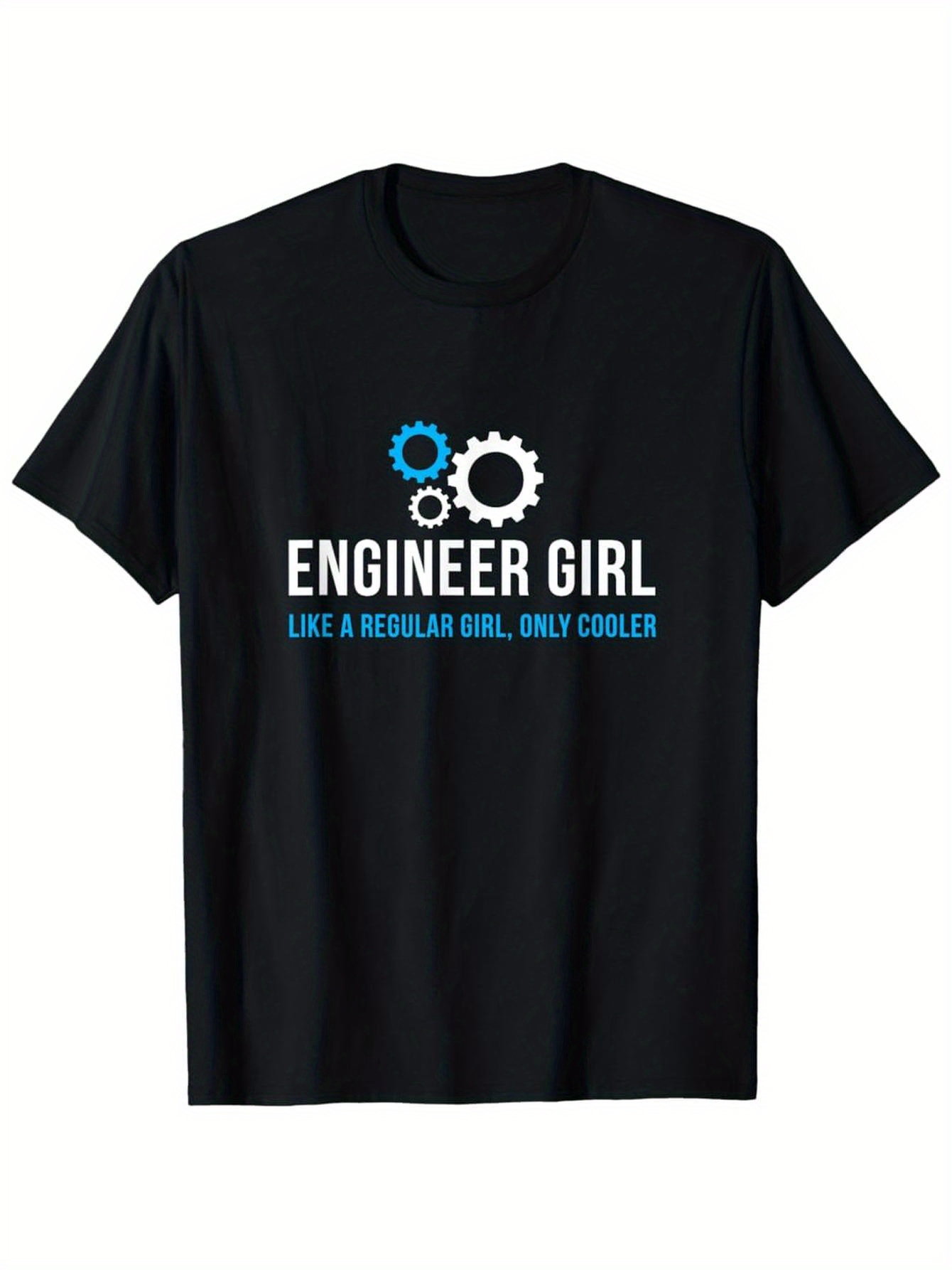 Men's Graphic T-Shirt Engineer Girl With Blue And White Gears On Black Cotton T Shirt