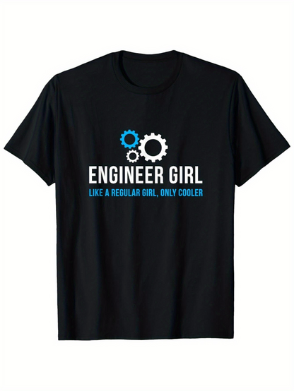 Men's Graphic T-Shirt Engineer Girl With Blue And White Gears On Black Cotton T Shirt