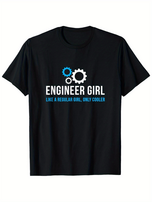 Men's Graphic T-Shirt Engineer Girl With Blue And White Gears On Black Cotton T Shirt