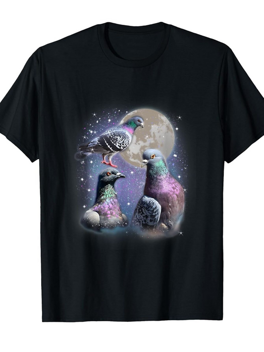 Men's Graphic T-Shirt Shimmering Moonlight Mist With Three Sparkling Pigeons Under Starry Sky