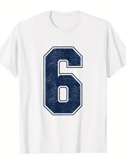 Men's Graphic T-Shirt Distressed Blue Varsity Style Number On Simple White T Shirt