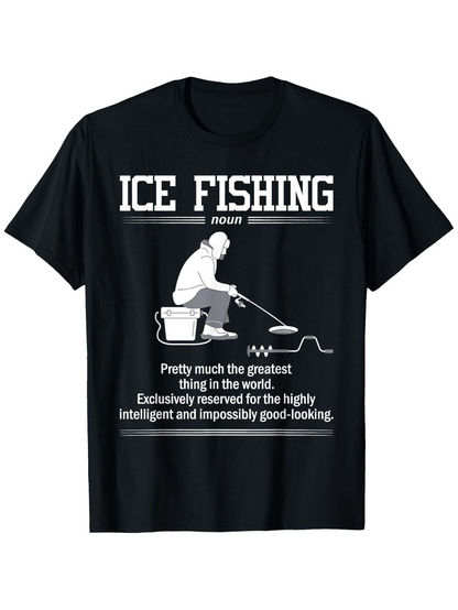 Men's Graphic T-Shirt Ice Fishing Hour Monochrome Design With Relaxed Angler Sitting Near Ice Hole