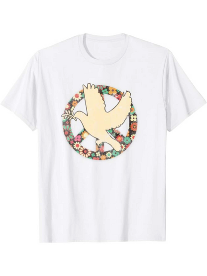 Men's Graphic T-Shirt Floral Peace Symbol With Soaring Cream Colored Dove