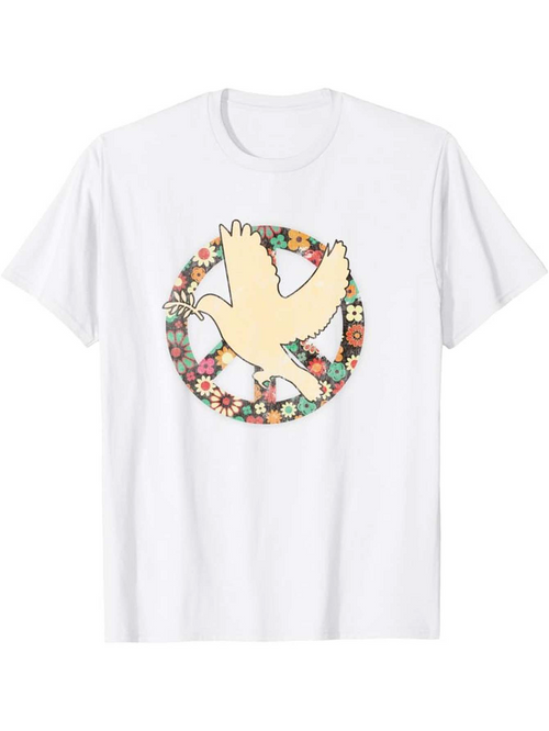 Men's Graphic T-Shirt Floral Peace Symbol With Soaring Cream Colored Dove
