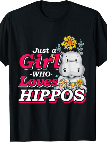 Men's Graphic T-Shirt Just A Girl Who Loves Hippos Surrounded By Flowers And Smiling Cartoon Hippo