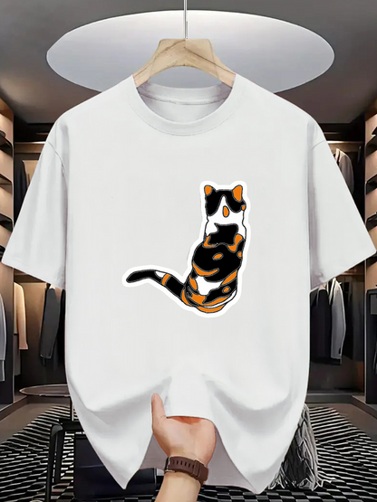 Men's Graphic T-Shirt Artistic Calico Colors With Black Orange And White Cat Illustration Cat