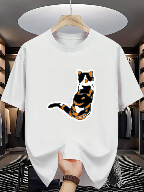 Men's Graphic T-Shirt Artistic Calico Colors With Black Orange And White Cat Illustration Cat