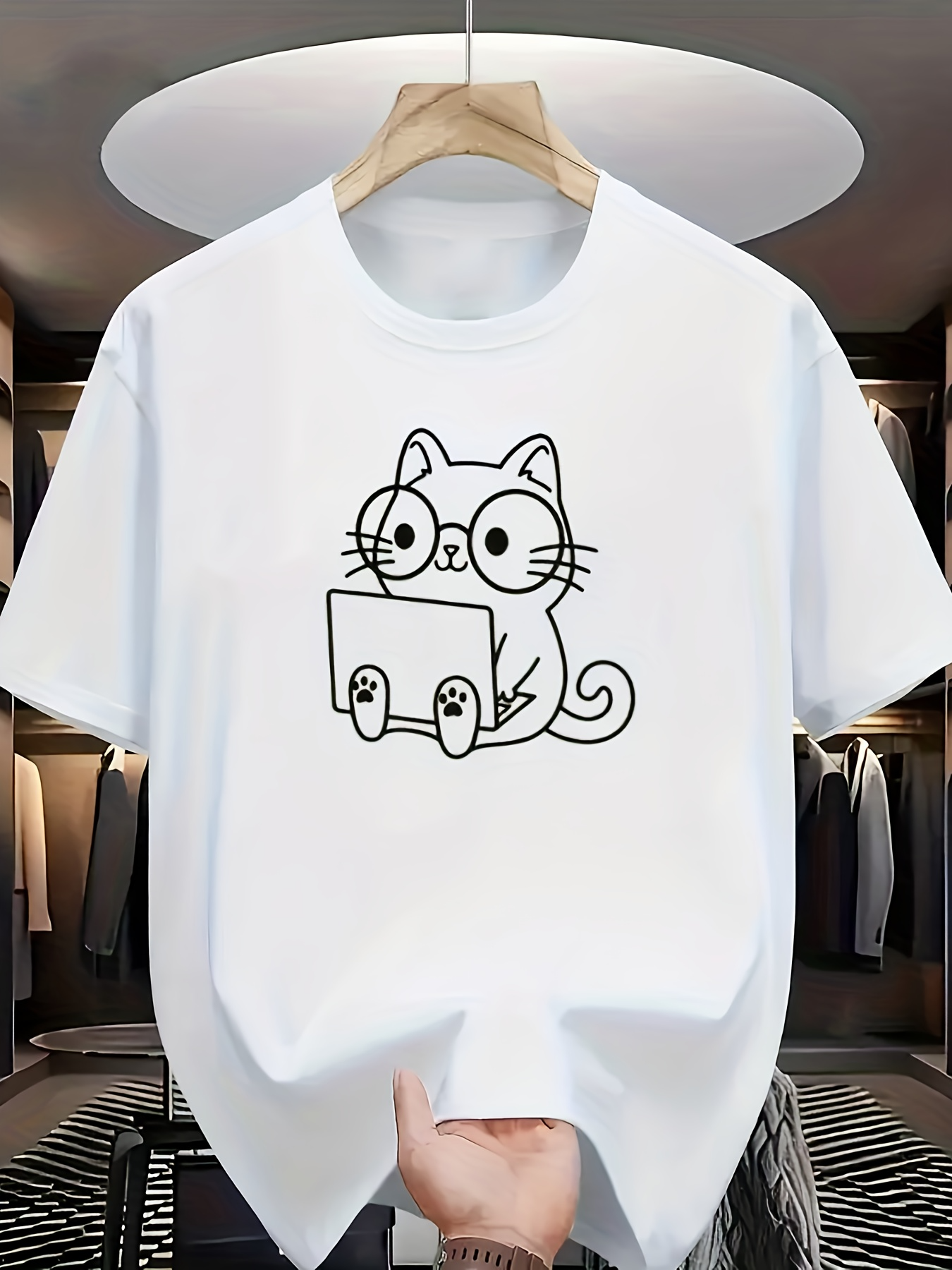Men's Graphic T-Shirt Whimsical Cat With Laptop Drawing On Crisp White Cotton Shirt