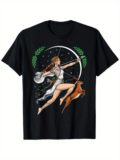 Men's Graphic T-Shirt Mythic Archer With Silver Bow Surrounded By Night Sky And Graceful Fawn
