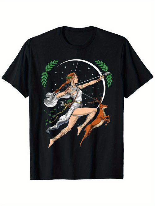 Men's Graphic T-Shirt Mythic Archer With Silver Bow Surrounded By Night Sky And Graceful Fawn