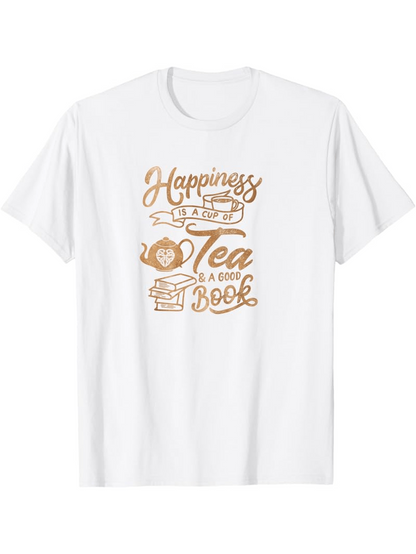 Men's Graphic T-Shirt Happiness With Warm Tea Pots And Stacked Cozy Books