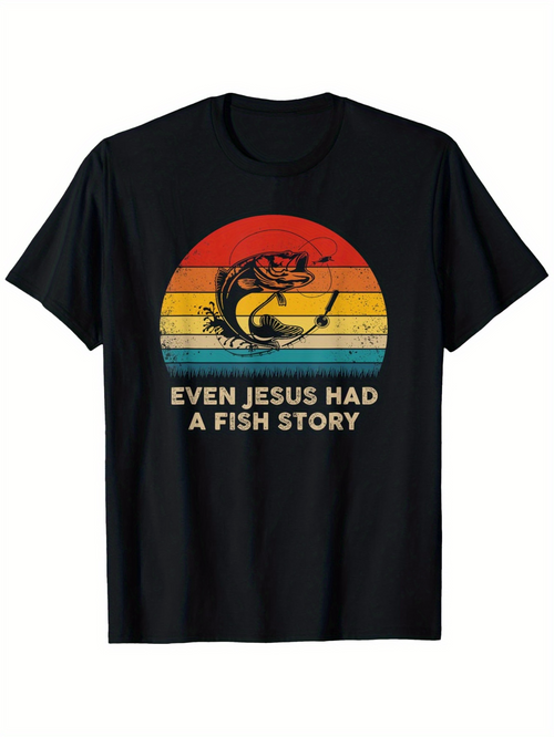 Men's Graphic T-Shirt Even Jesus Had A Fish Story Retro Sunburst With Jumping Bass Fish