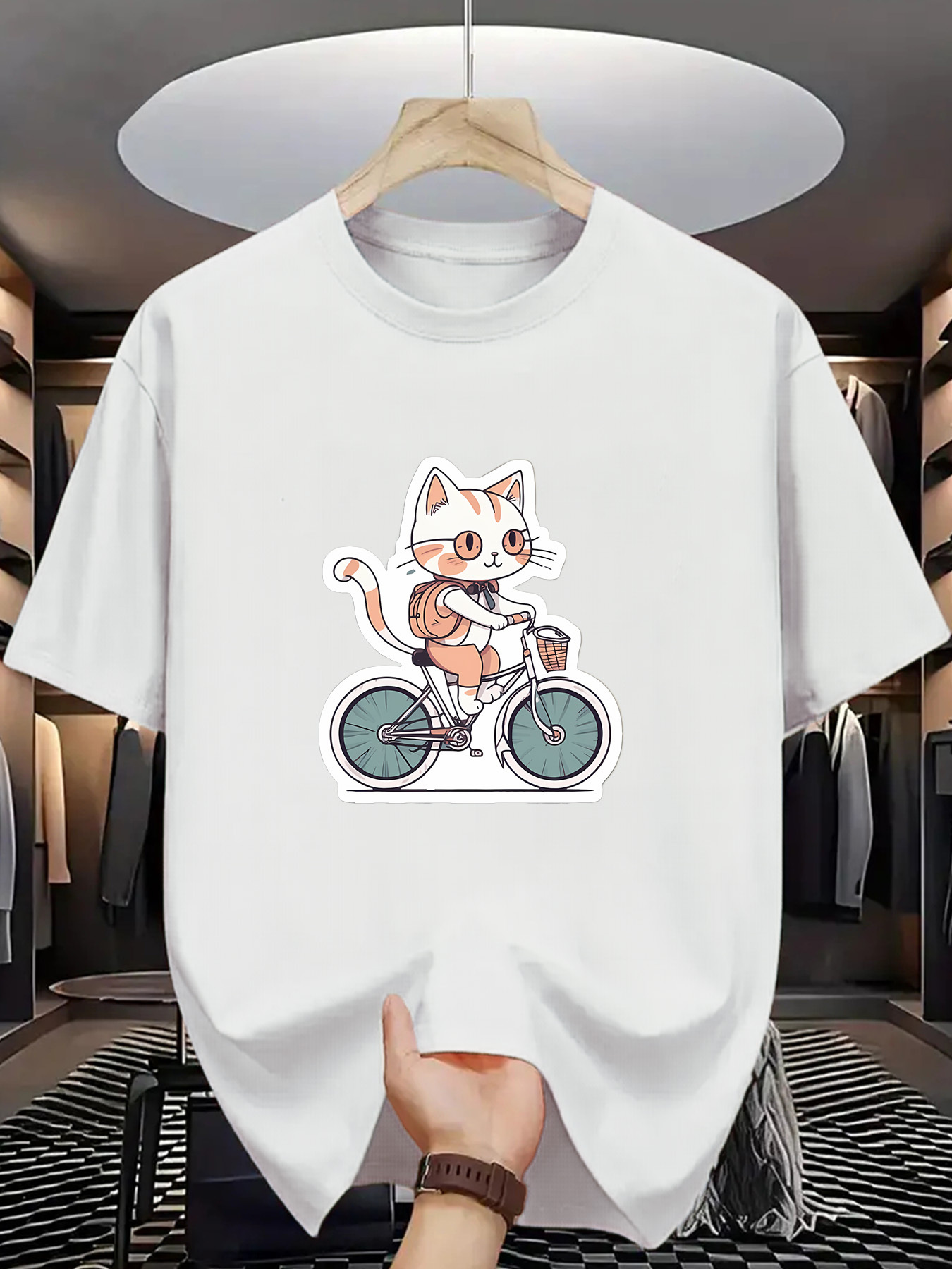 Men's Graphic T-Shirt Cool Cat Enjoying A Coffee Riding On A Bicycle