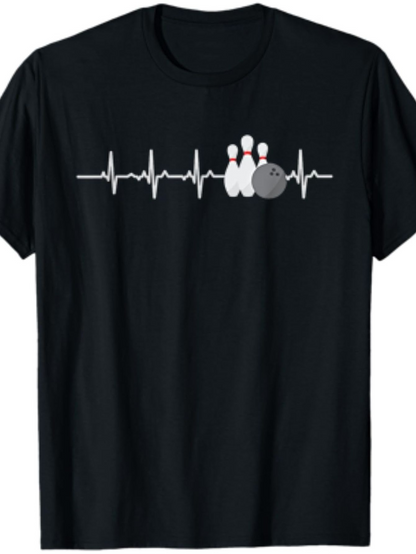Men's Graphic T-Shirt Heartbeat Line With Striking Bowling Ball And Pins Design