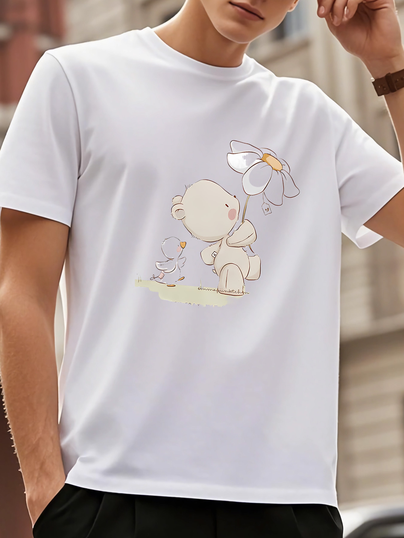 Men's Graphic T-Shirt Adorable Bear Sitting Peacefully With Flower In Gentle Morning Light